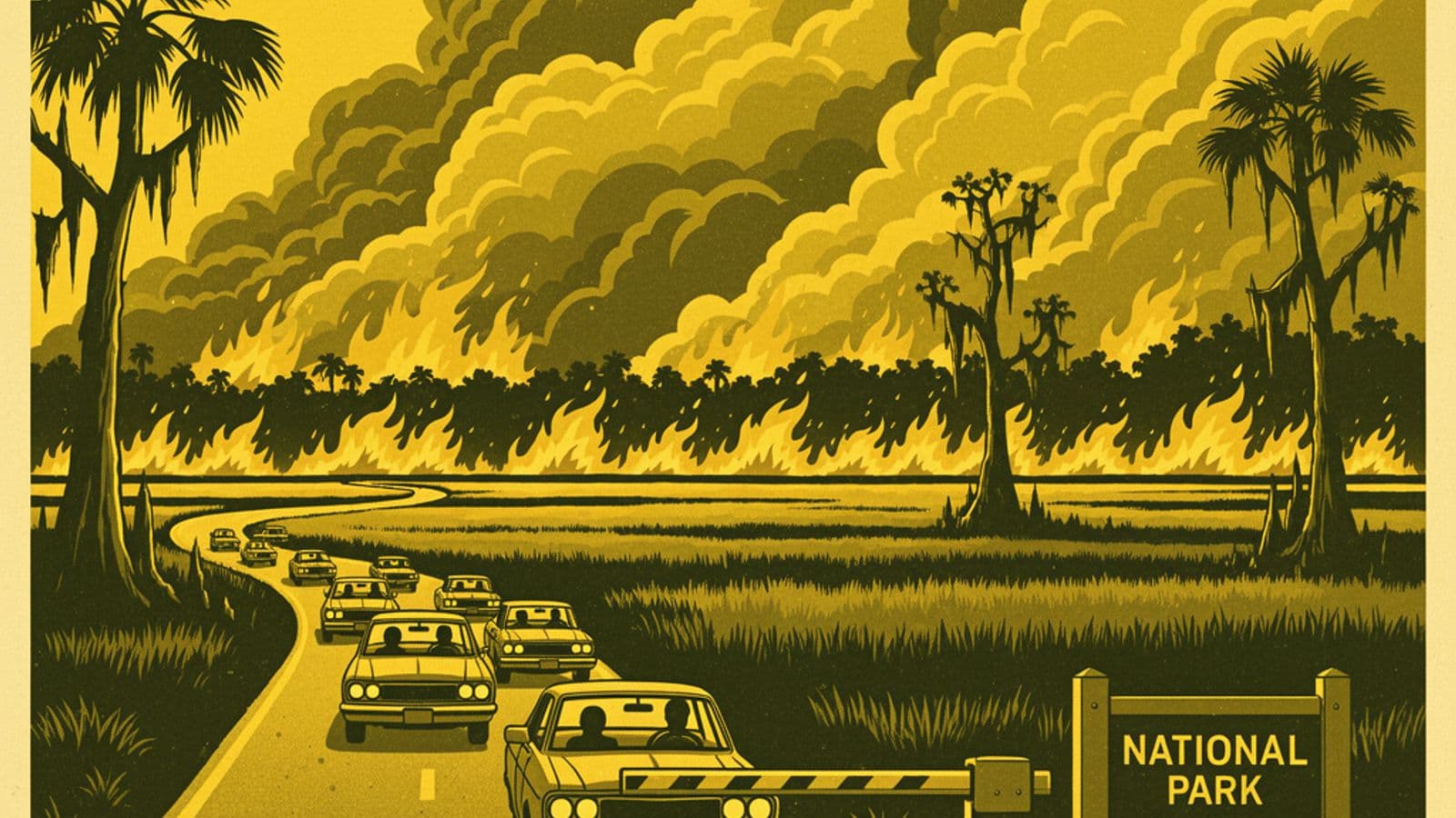 Ilustração interna: Incêndios florestais nos Everglades fecham entrada principal e afetam turistas