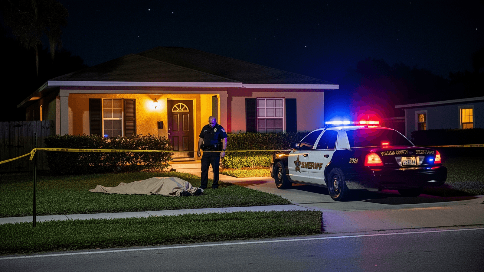 Ilustração: Homem morto a tiros em DeLand após suposta invasão de propriedade; alerta para brasileiros na região