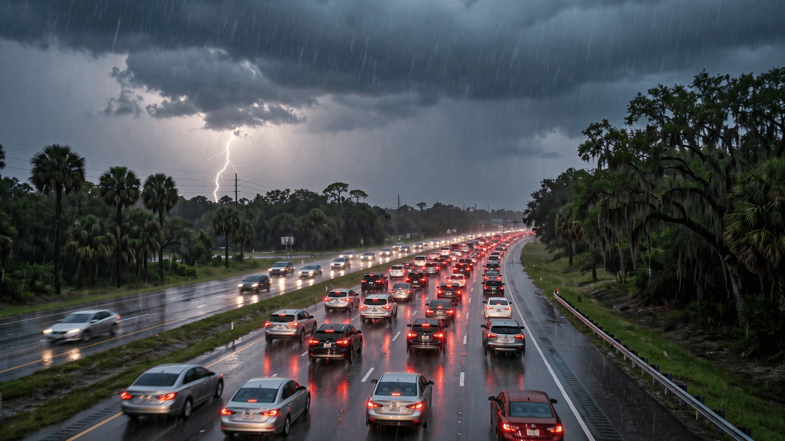 Ilustração: Chuva, raios e trânsito lento: fim de semana de feriado em Orlando começa com 60% de chance de tempestades