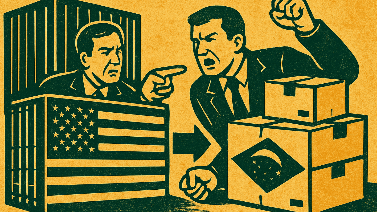 Ilustração interna: EUA impõem tarifa de 25% sobre produtos do Brasil; governo brasileiro anuncia retaliação