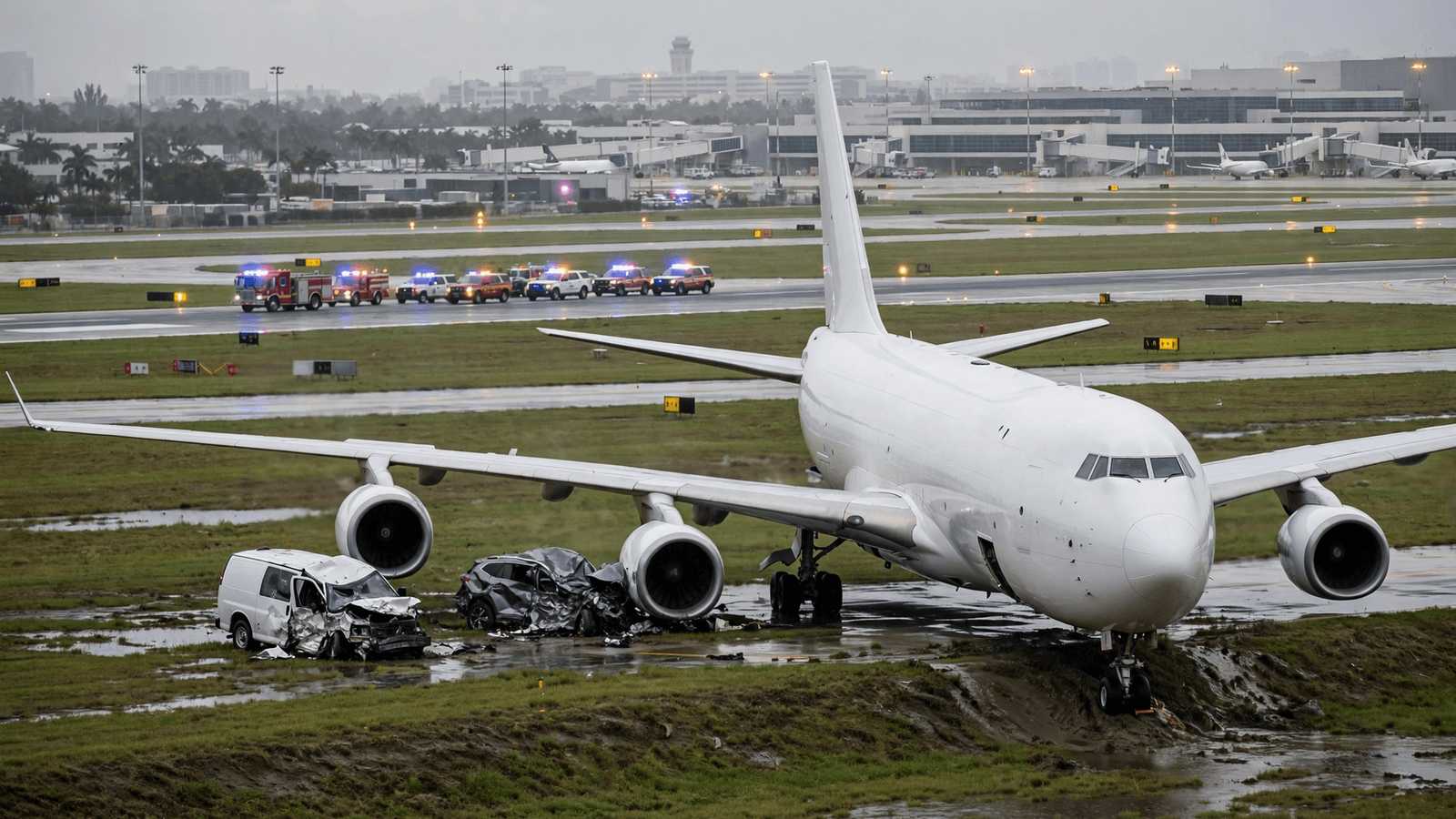 Ilustração: Avião de carga da Amazon sai da pista e atinge veículos em Miami; van tinha 7 pessoas