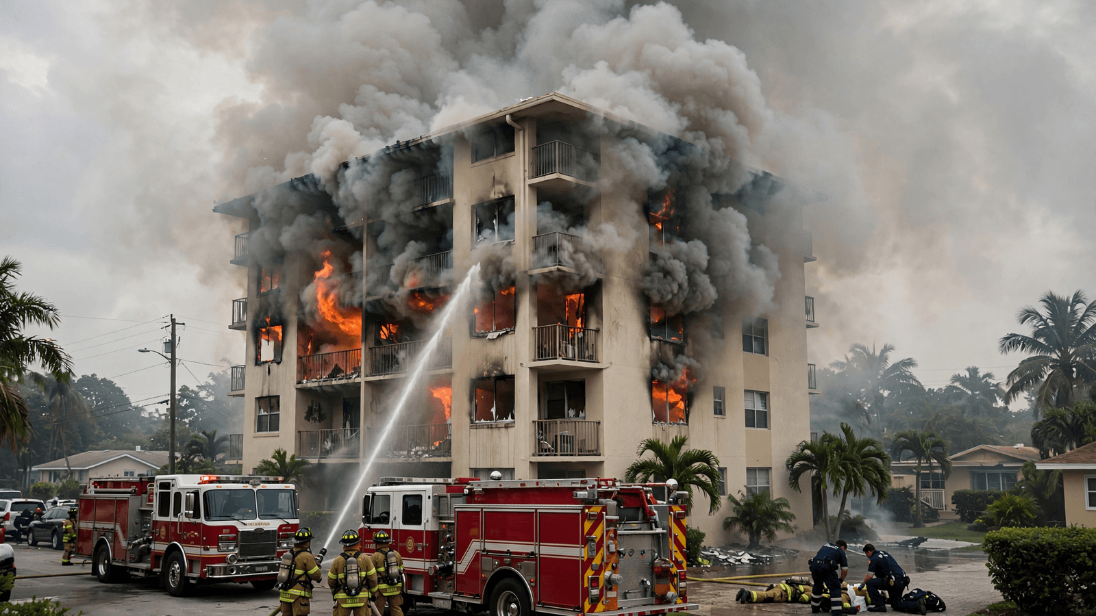 Ilustração: Incêndio em prédio de Miami-Dade deixa dois feridos, incluindo bombeiro