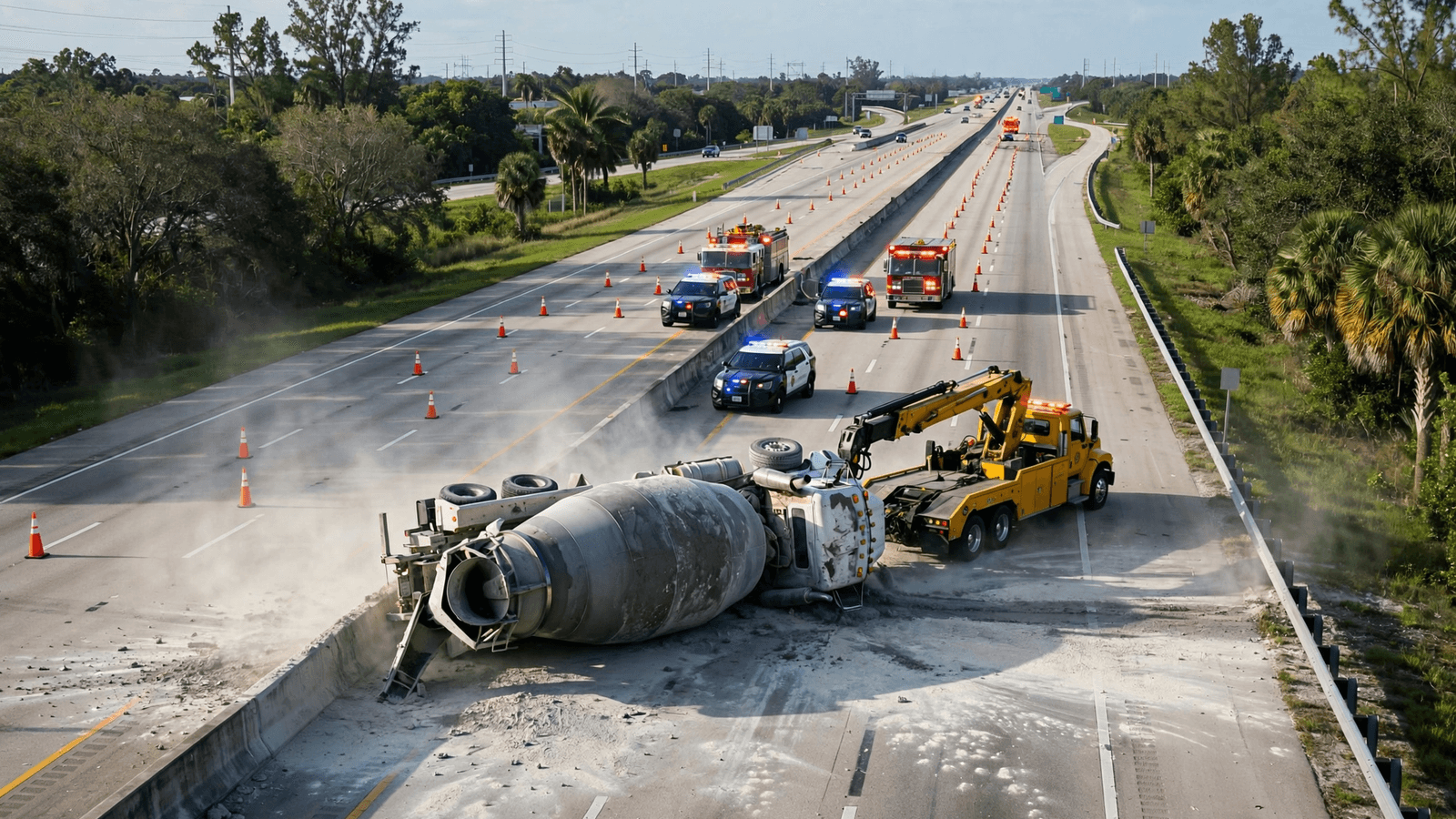 Ilustração: Caminhão de cimento tomba na pista sul da Turnpike em Miami-Dade e interdita faixas na segunda-feira