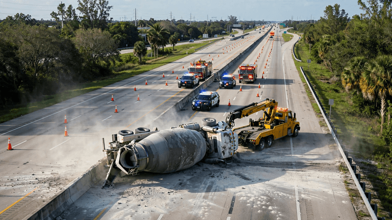 Caminhão de cimento tomba na pista sul da Turnpike em Miami-Dade e interdita faixas na segunda-feira
