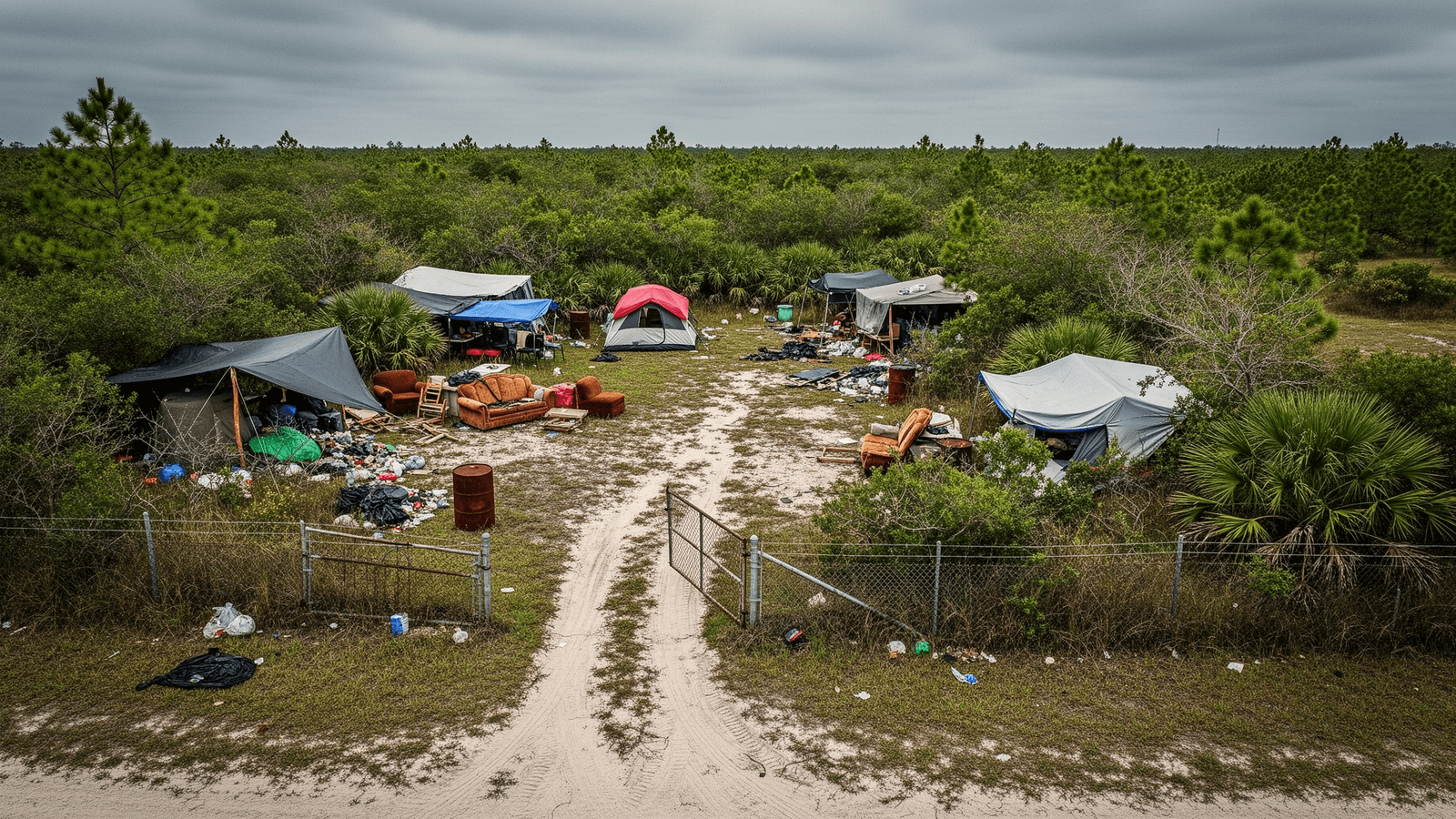 Ilustração: Três presos por acampamentos ilegais e toneladas de lixo em propriedade em Volusia County — alerta a donos de imóveis na