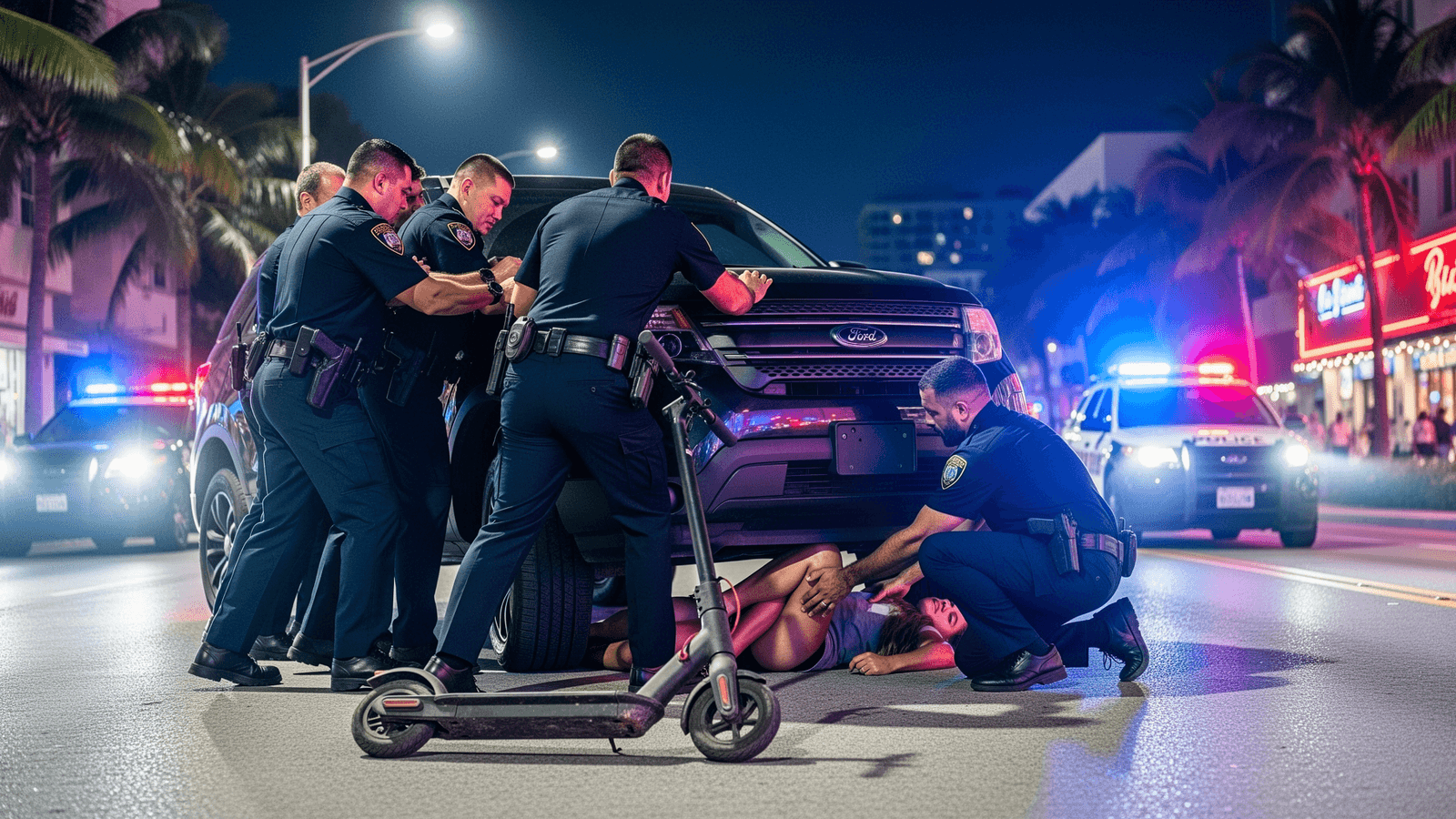 Ilustração: Polícia de Miami Beach ergue SUV para salvar mulher presa embaixo do veículo após acidente com e-scooter